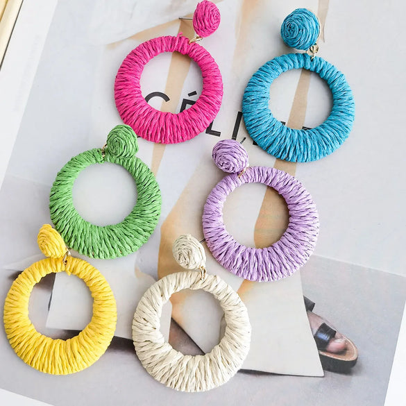 1 Pair Hawaiian Vacation Round Handmade Raffia Drop Earrings