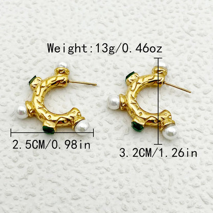 1 Pair Hawaiian Vacation Shiny C Shape Plating Inlay 304 Stainless Steel Natural Stone Pearl Zircon Gold Plated Ear Studs