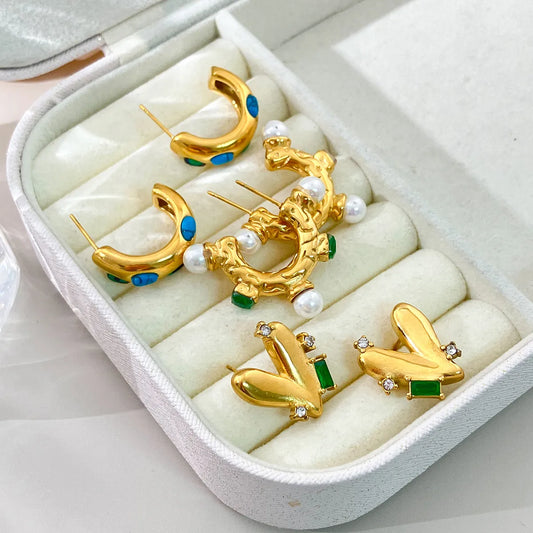 1 Pair Hawaiian Vacation Shiny C Shape Plating Inlay 304 Stainless Steel Natural Stone Pearl Zircon Gold Plated Ear Studs