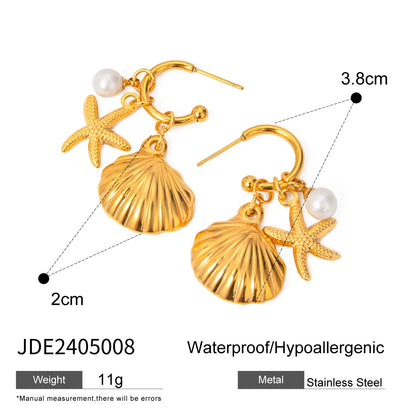 1 Pair Hawaiian Vacation Starfish Shell Inlay 304 Stainless Steel Artificial Pearls 18K Gold Plated Drop Earrings