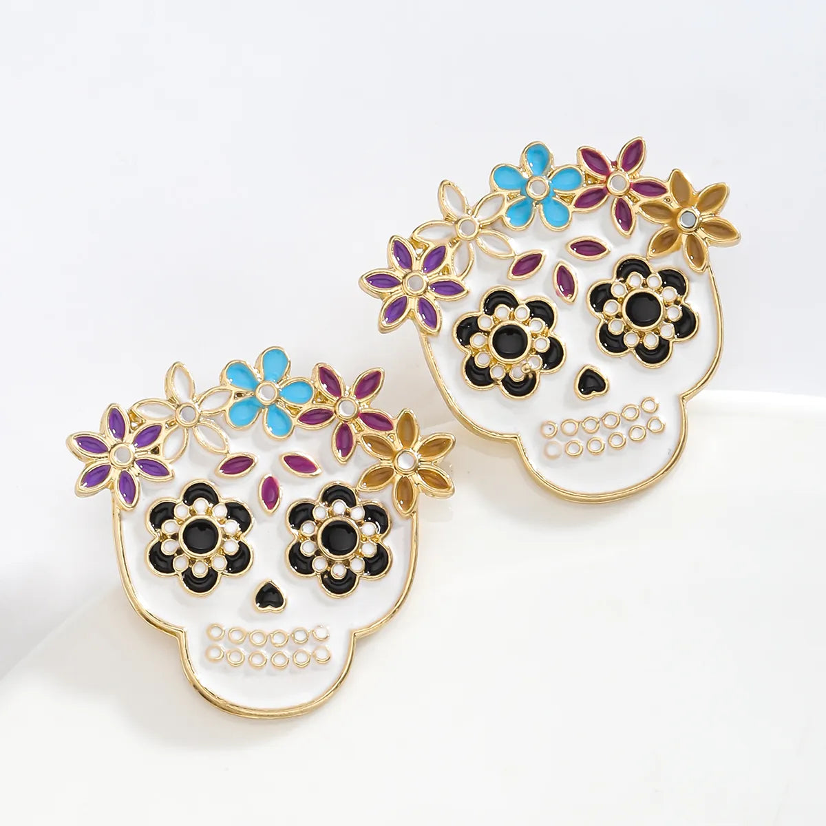 1 Pair Hip-Hop Funny Floral Skull Alloy Ear Studs