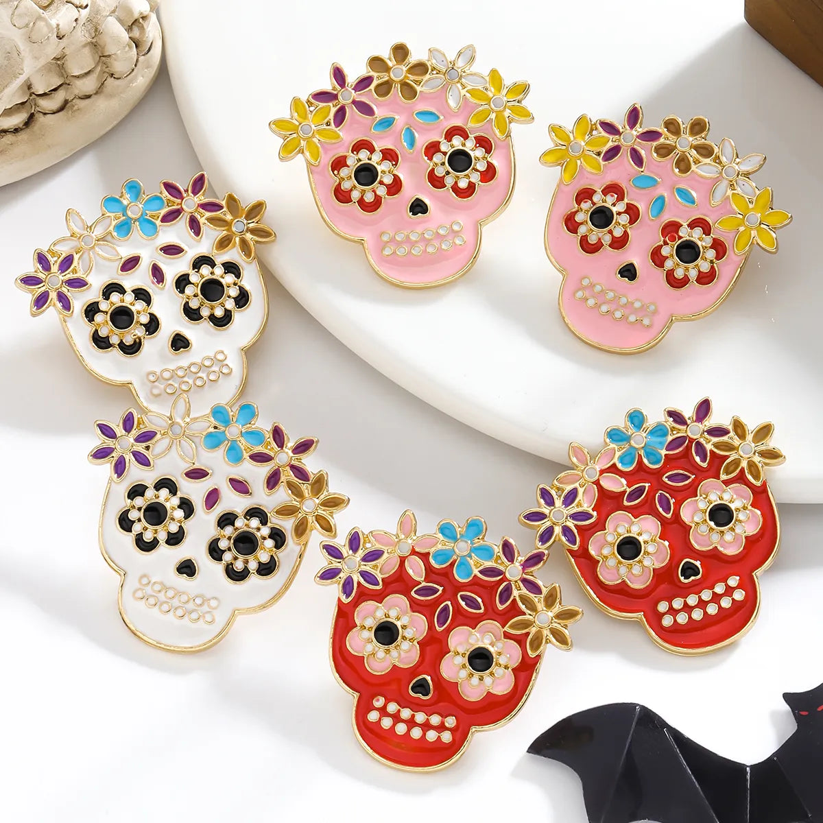 1 Pair Hip-Hop Funny Floral Skull Alloy Ear Studs