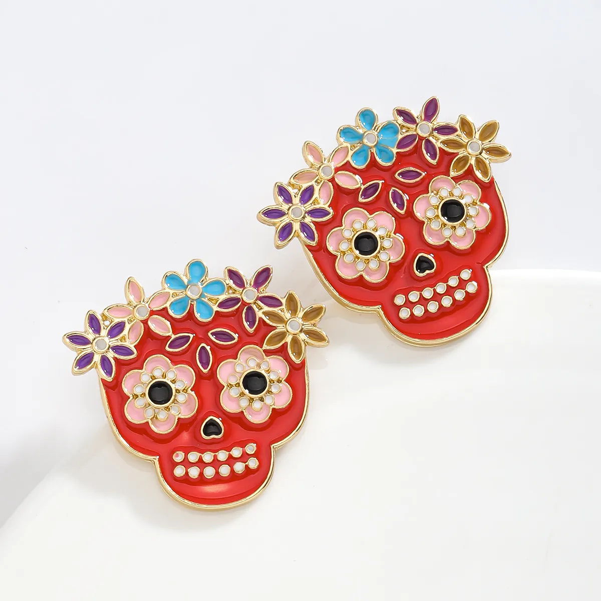 1 Pair Hip-Hop Funny Floral Skull Alloy Ear Studs