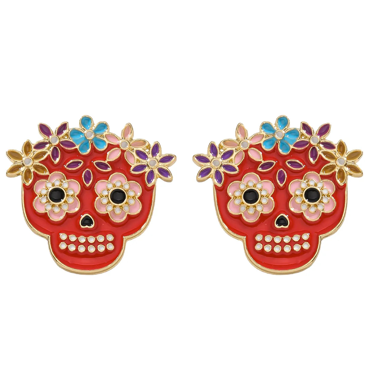 1 Pair Hip-Hop Funny Floral Skull Alloy Ear Studs