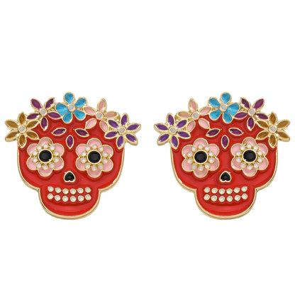 1 Pair Hip-Hop Funny Floral Skull Alloy Ear Studs