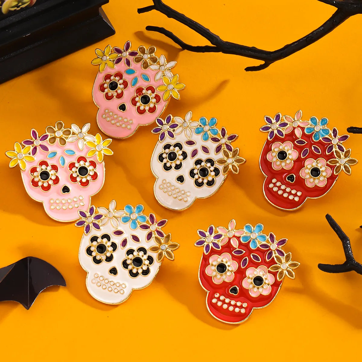 1 Pair Hip-Hop Funny Floral Skull Alloy Ear Studs