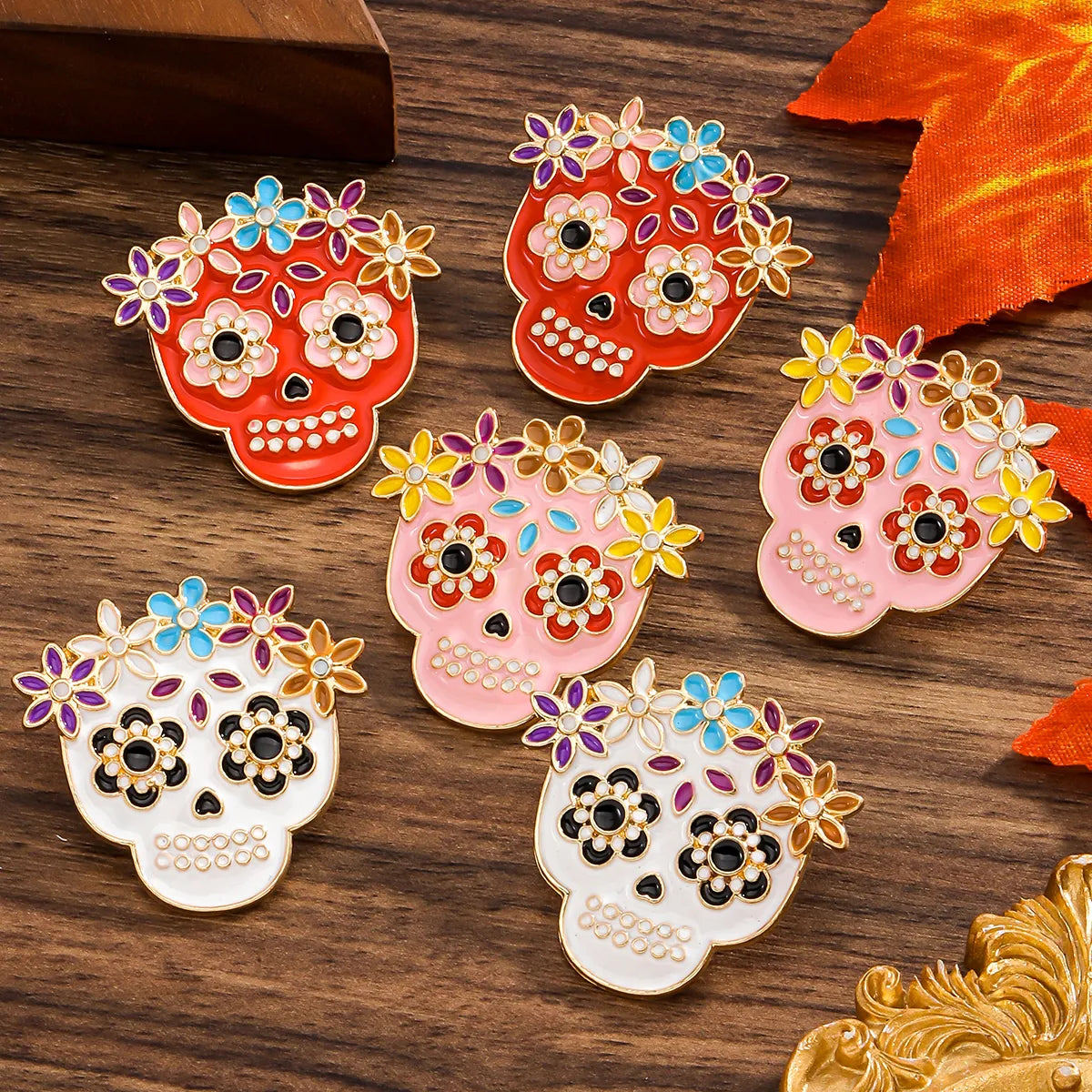 1 Pair Hip-Hop Funny Floral Skull Alloy Ear Studs