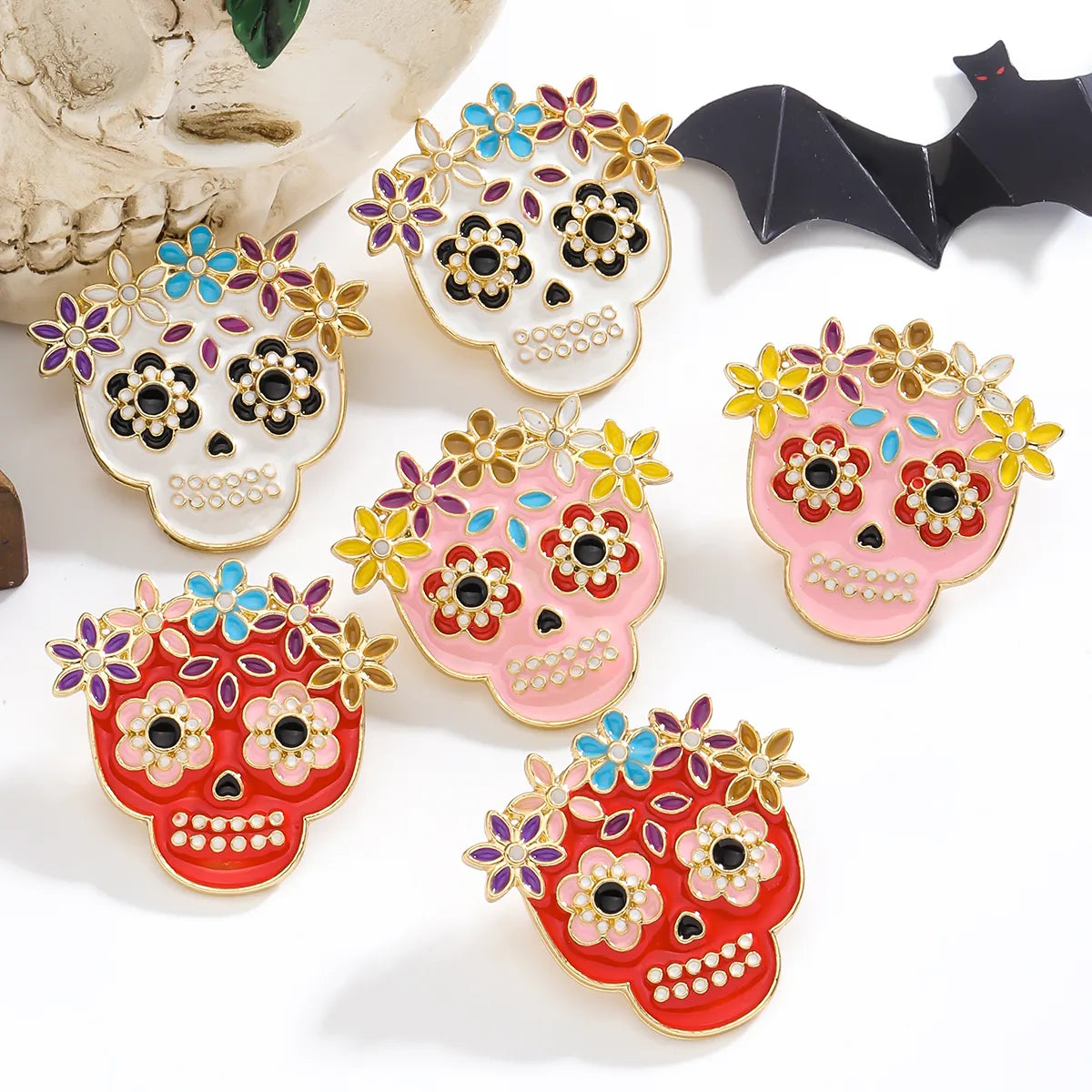 1 Pair Hip-Hop Funny Floral Skull Alloy Ear Studs