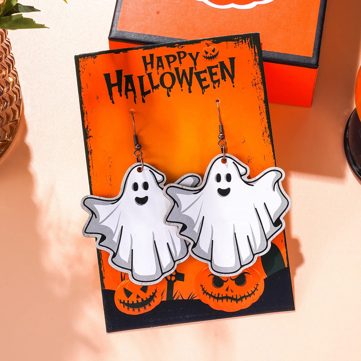 1 Pair Hip-Hop Funny Ghost Spider Skull Wood Drop Earrings