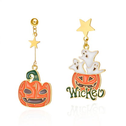 1 Pair Hip-Hop Funny Pumpkin Spider Skull Asymmetrical Alloy Drop Earrings