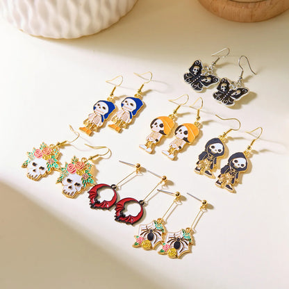 1 Pair Hip-Hop Funny Pumpkin Spider Skull Asymmetrical Alloy Drop Earrings