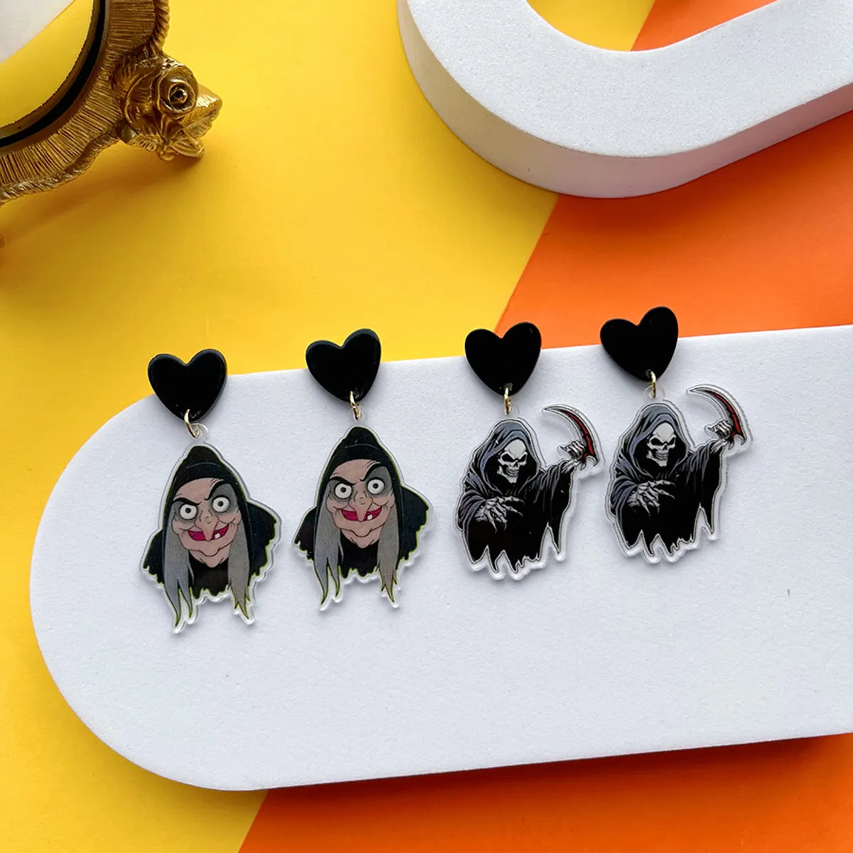 1 Pair Hip-Hop Funny Shiny Pumpkin Skull Ghost Asymmetrical Printing Arylic Drop Earrings