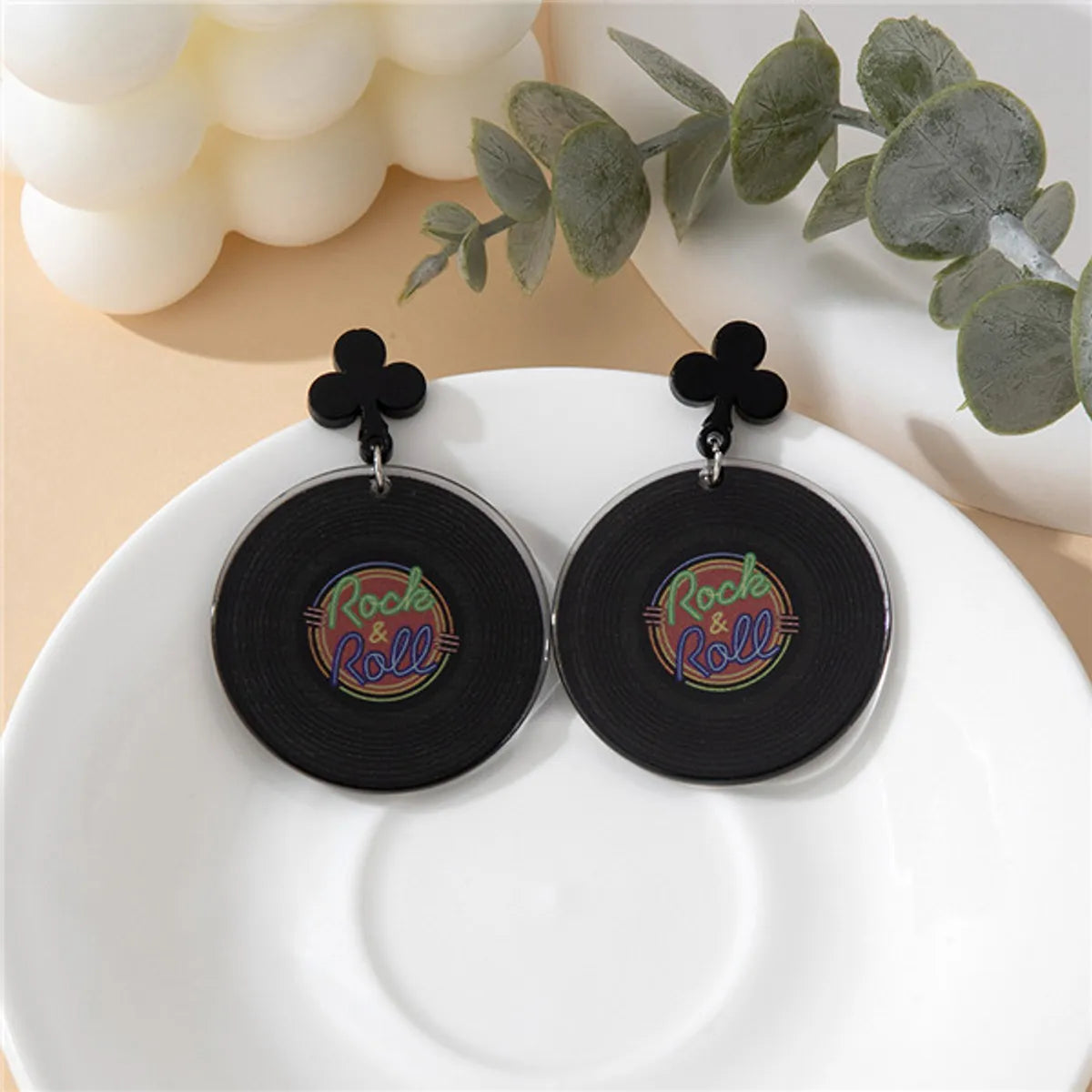 1 Pair Hip-Hop Punk Letter Tape Flower Slice Printing Arylic Drop Earrings