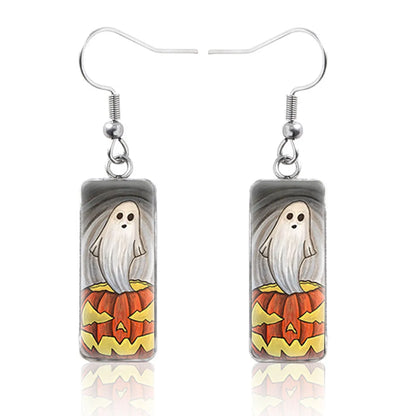 1 Pair Hip-Hop Punk Pumpkin Ghost Bat Inlay Stainless Steel Glass Drop Earrings