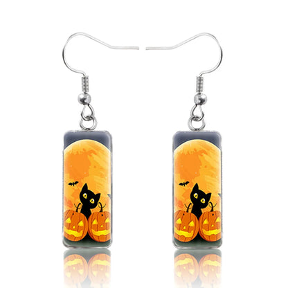 1 Pair Hip-Hop Punk Pumpkin Ghost Bat Inlay Stainless Steel Glass Drop Earrings