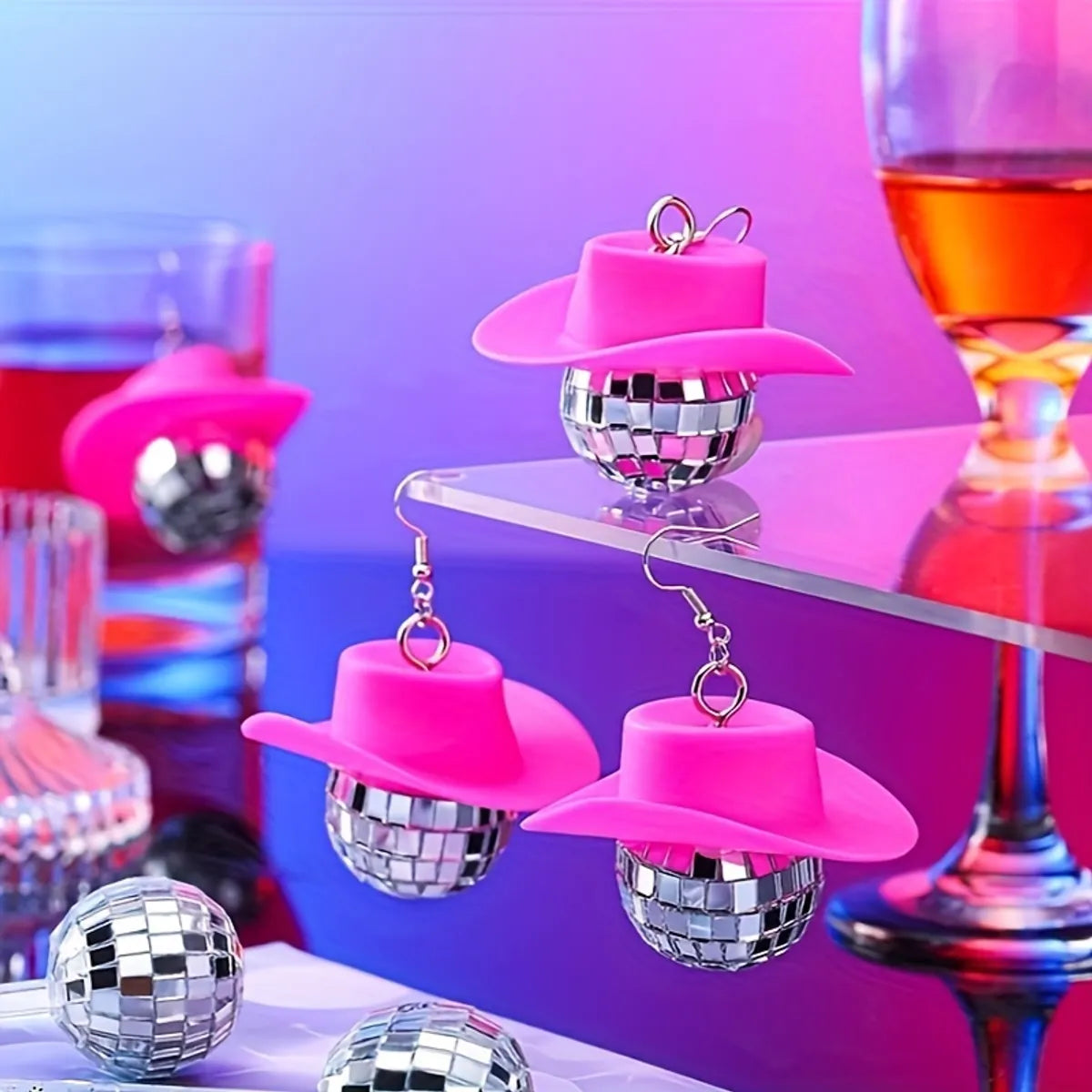 1 Pair Hip-Hop Punk Shiny Hat Laser Ball Plastic Drop Earrings