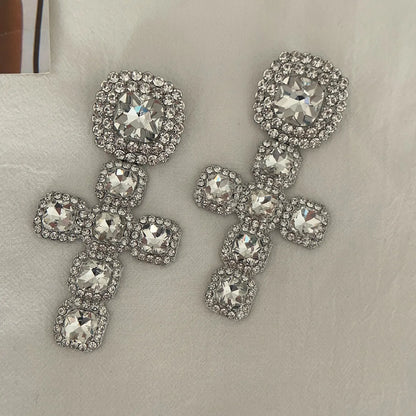 1 Pair Hip-Hop Retro Cross Plating Inlay Alloy Rhinestones Silver Plated Drop Earrings