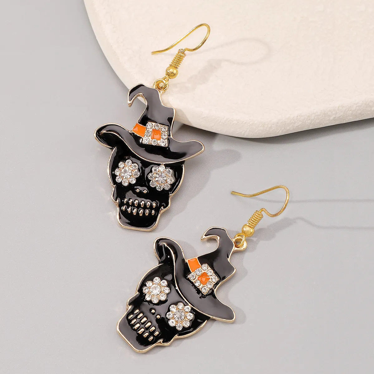 1 Pair Hip-Hop Retro Geometric Cat Skull Enamel Inlay Alloy Rhinestones Drop Earrings