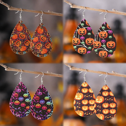 1 Pair Hip-Hop Retro Printing Pumpkin Water Droplets Pu Leather Drop Earrings