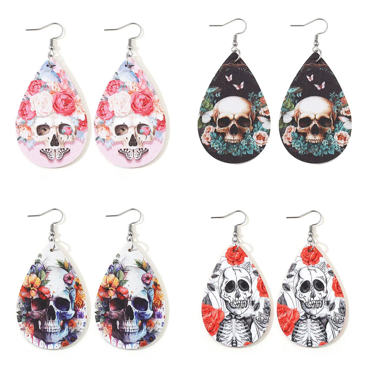 1 Pair Hip-Hop Retro Printing Water Droplets Skull Pu Leather Drop Earrings