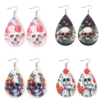 1 Pair Hip-Hop Retro Printing Water Droplets Skull Pu Leather Drop Earrings