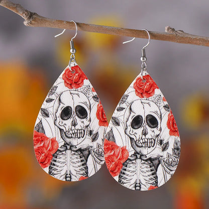 1 Pair Hip-Hop Retro Printing Water Droplets Skull Pu Leather Drop Earrings