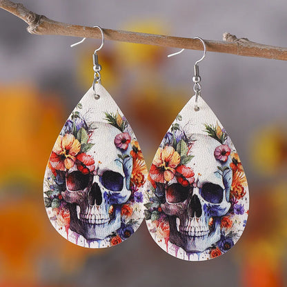 1 Pair Hip-Hop Retro Printing Water Droplets Skull Pu Leather Drop Earrings