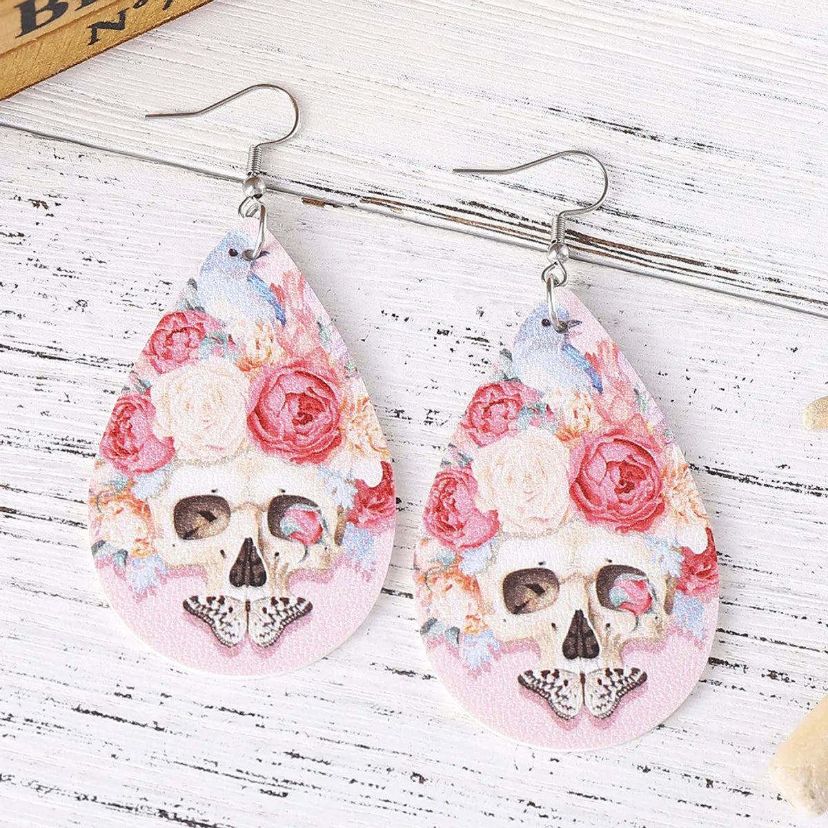 1 Pair Hip-Hop Retro Printing Water Droplets Skull Pu Leather Drop Earrings