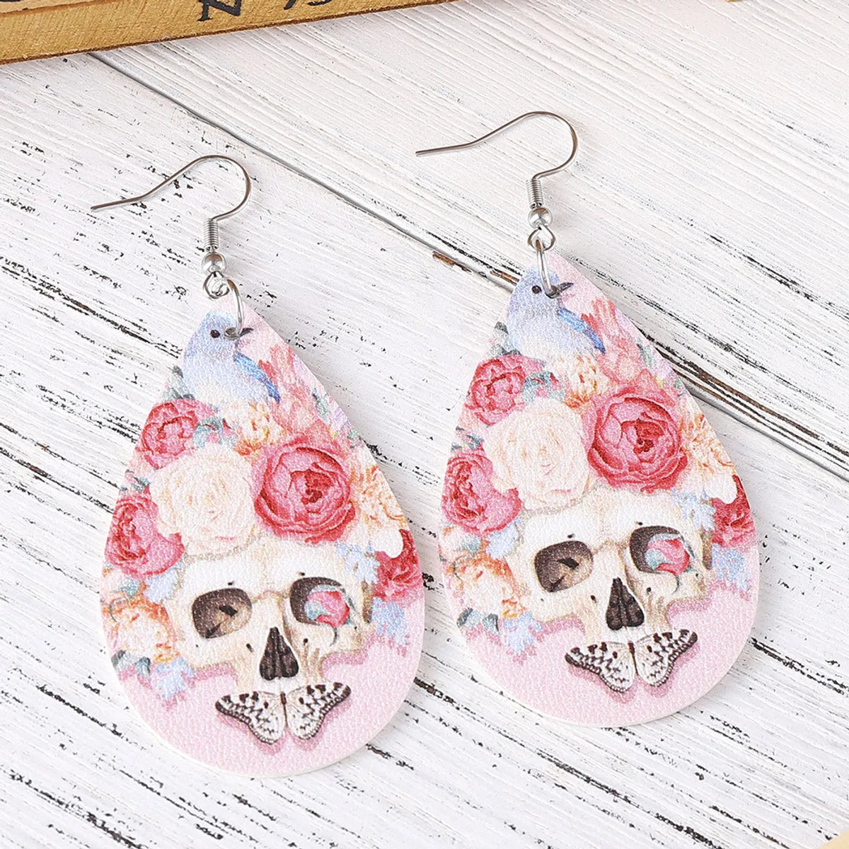 1 Pair Hip-Hop Retro Printing Water Droplets Skull Pu Leather Drop Earrings