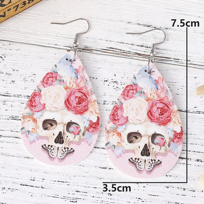 1 Pair Hip-Hop Retro Printing Water Droplets Skull Pu Leather Drop Earrings