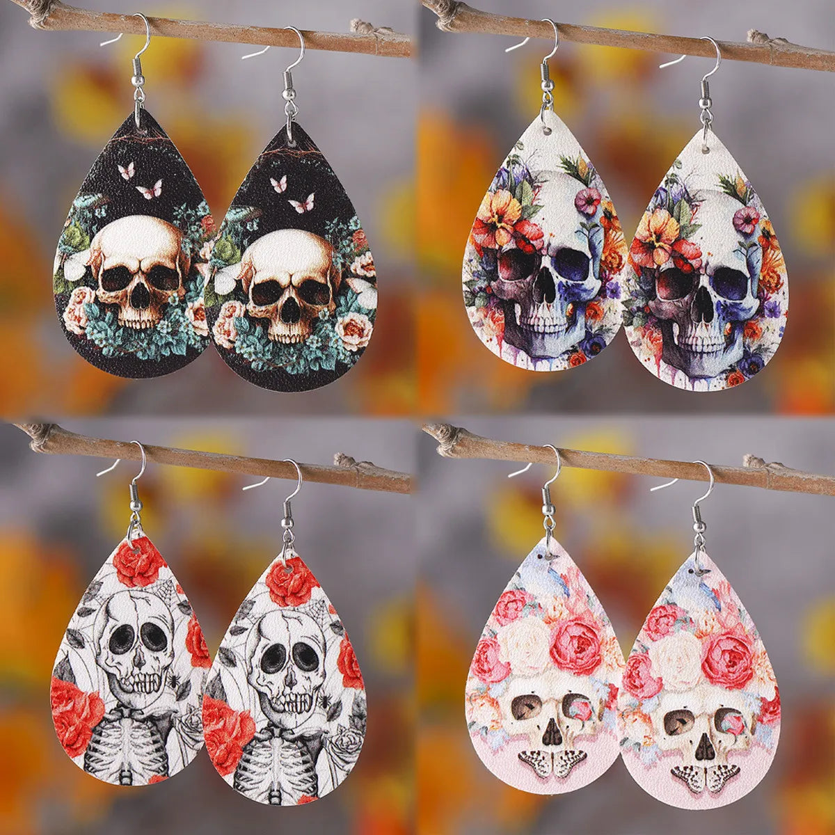 1 Pair Hip-Hop Retro Printing Water Droplets Skull Pu Leather Drop Earrings