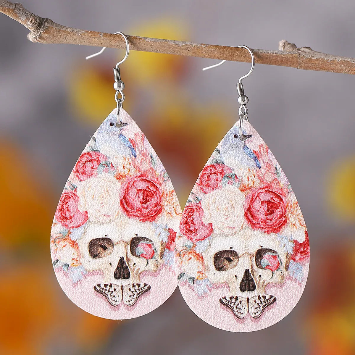 1 Pair Hip-Hop Retro Printing Water Droplets Skull Pu Leather Drop Earrings