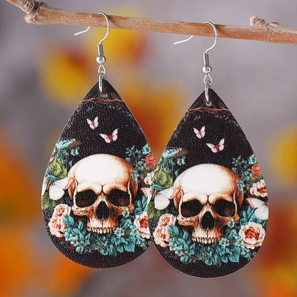 1 Pair Hip-Hop Retro Printing Water Droplets Skull Pu Leather Drop Earrings