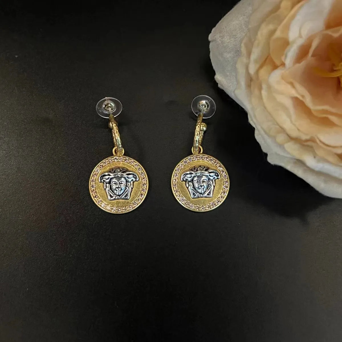 1 Pair Hip-Hop Retro Round Statue Plating Inlay Artificial Crystal Copper Artificial Crystal Copper 24K Gold Plated Drop Earrings