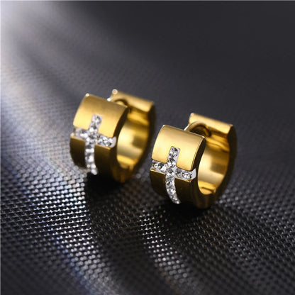 1 Pair Hip-Hop Rock Cross Round Inlay 316 Stainless Steel  Titanium Steel Zircon Earrings