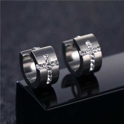 1 Pair Hip-Hop Rock Cross Round Inlay 316 Stainless Steel  Titanium Steel Zircon Earrings