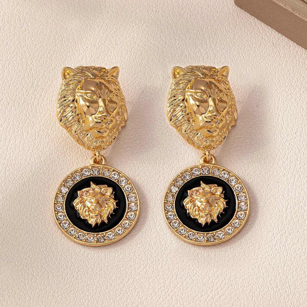 1 Pair Hip-Hop Rock Lion Carving Alloy Drop Earrings