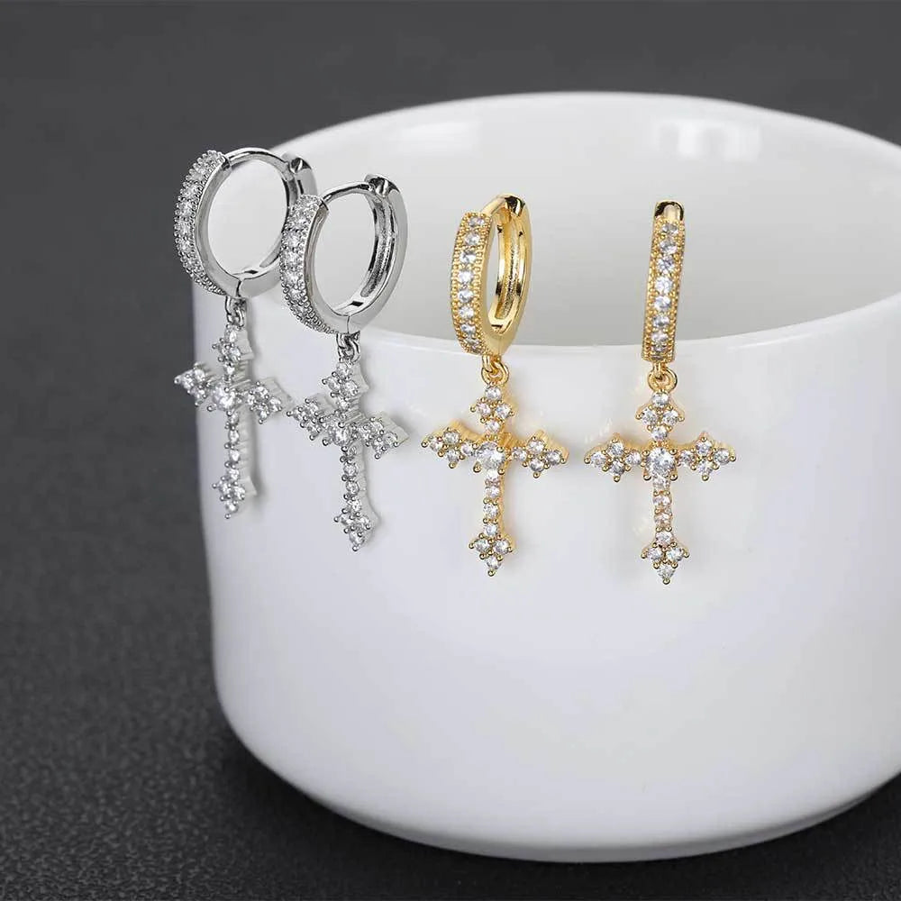 1 Pair Hip-Hop Streetwear Cross Inlay Copper Zircon Drop Earrings