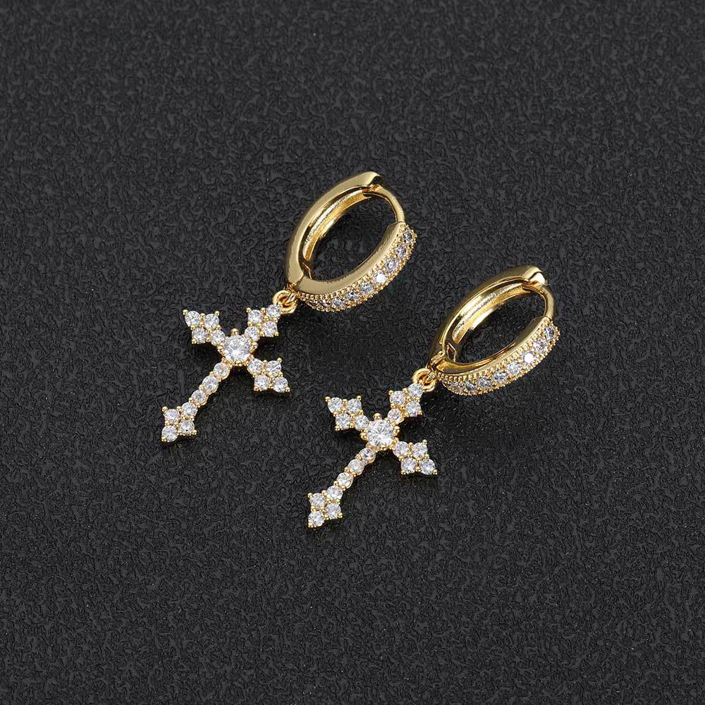 1 Pair Hip-Hop Streetwear Cross Inlay Copper Zircon Drop Earrings