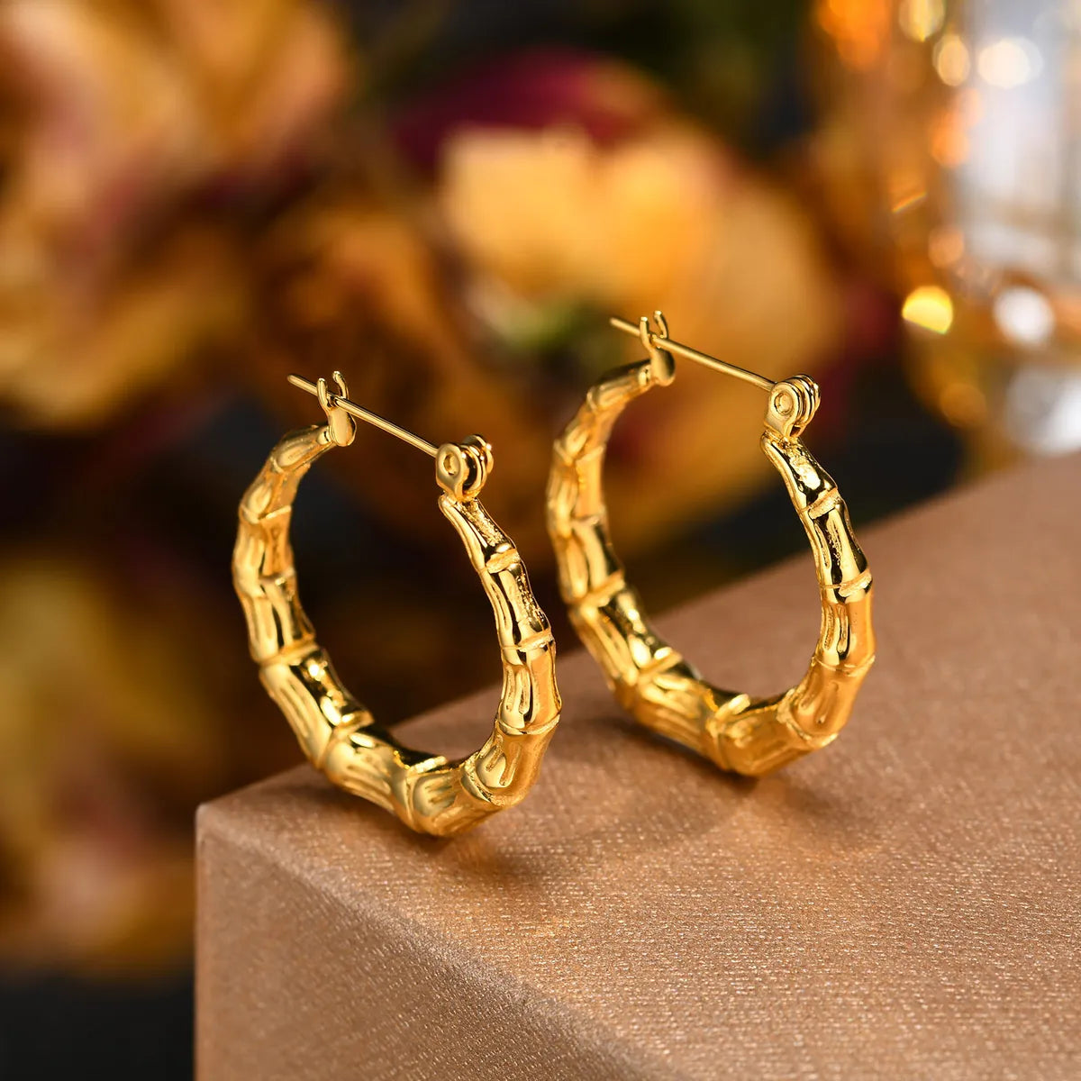 1 Pair IG Style Bamboo Stainless Steel 18K Gold Plated Hoop Earrings