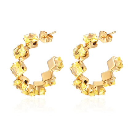 1 Pair IG Style Baroque Style Shiny C Shape Rhombus Inlay 316 Stainless Steel  Zircon 18K Gold Plated Ear Studs