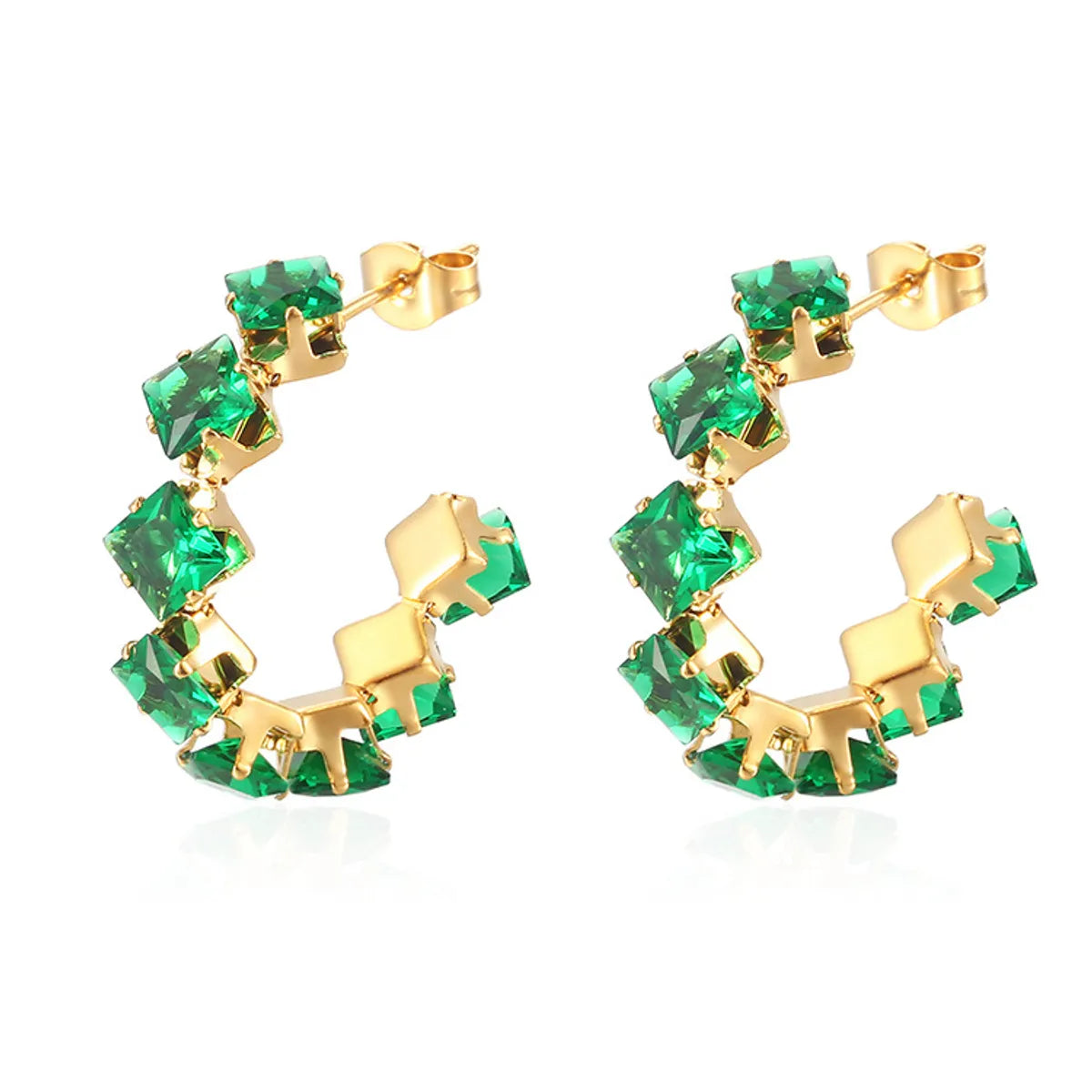 1 Pair IG Style Baroque Style Shiny C Shape Rhombus Inlay 316 Stainless Steel  Zircon 18K Gold Plated Ear Studs