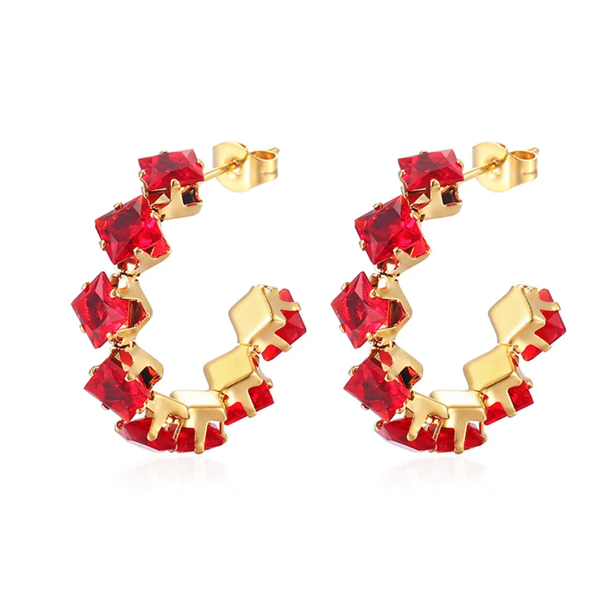 1 Pair IG Style Baroque Style Shiny C Shape Rhombus Inlay 316 Stainless Steel  Zircon 18K Gold Plated Ear Studs