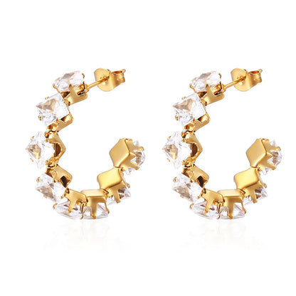 1 Pair IG Style Baroque Style Shiny C Shape Rhombus Inlay 316 Stainless Steel  Zircon 18K Gold Plated Ear Studs