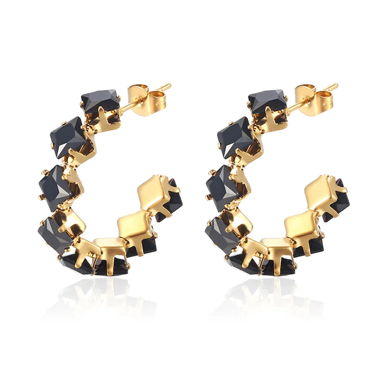 1 Pair IG Style Baroque Style Shiny C Shape Rhombus Inlay 316 Stainless Steel  Zircon 18K Gold Plated Ear Studs