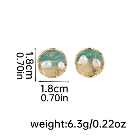 1 Pair IG Style Beach Round Enamel Inlay Copper Freshwater Pearl 18K Gold Plated Silver Plated Ear Studs