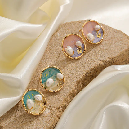 1 Pair IG Style Beach Round Enamel Inlay Copper Freshwater Pearl 18K Gold Plated Silver Plated Ear Studs