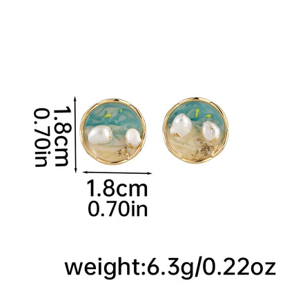 1 Pair IG Style Beach Round Enamel Inlay Copper Freshwater Pearl 18K Gold Plated Silver Plated Ear Studs