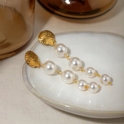 1 Pair IG Style Beach Shell Pearl 304 Stainless Steel 18K Gold Plated Drop Earrings