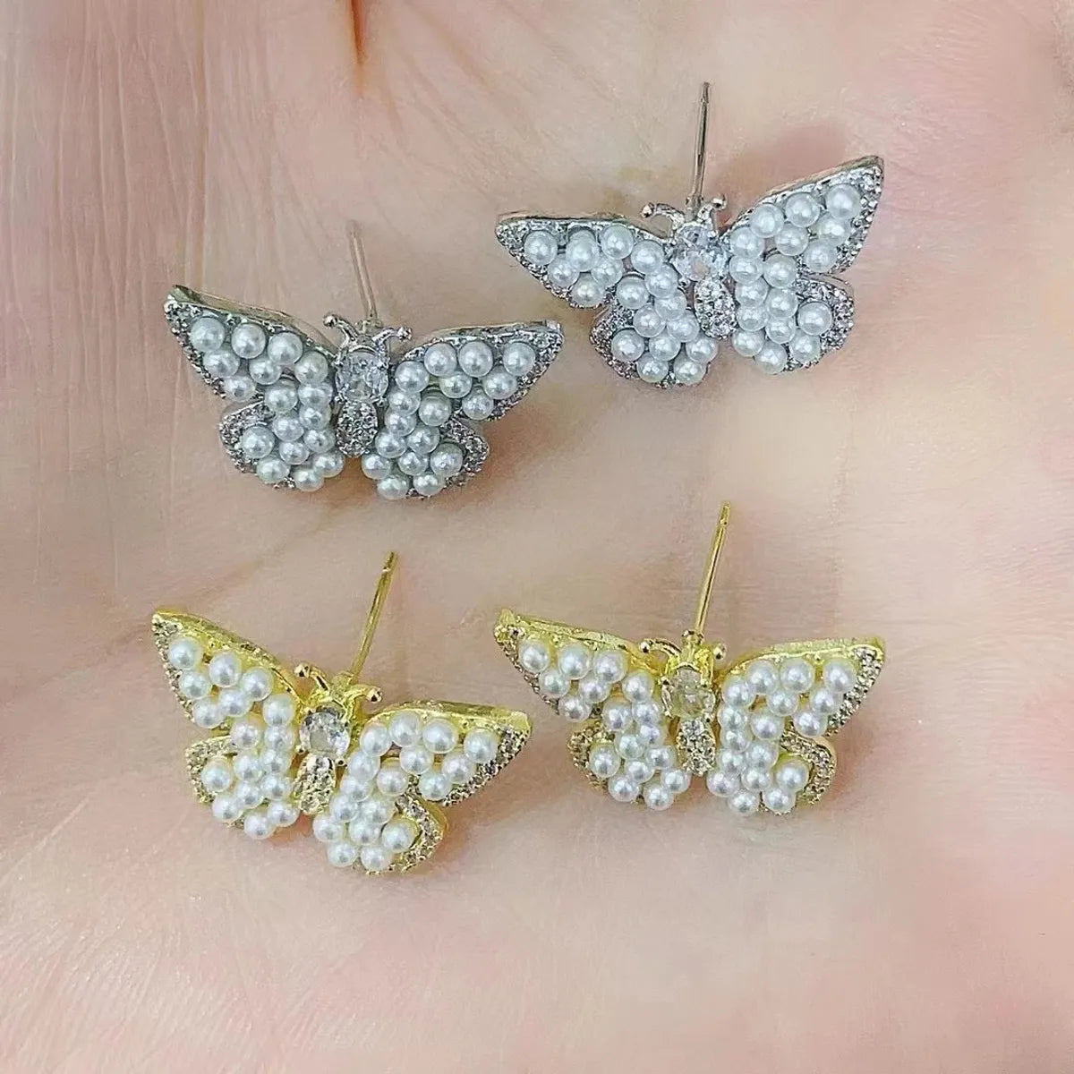 1 Pair Ig Style Butterfly Inlay Copper Artificial Pearls Zircon Ear Studs